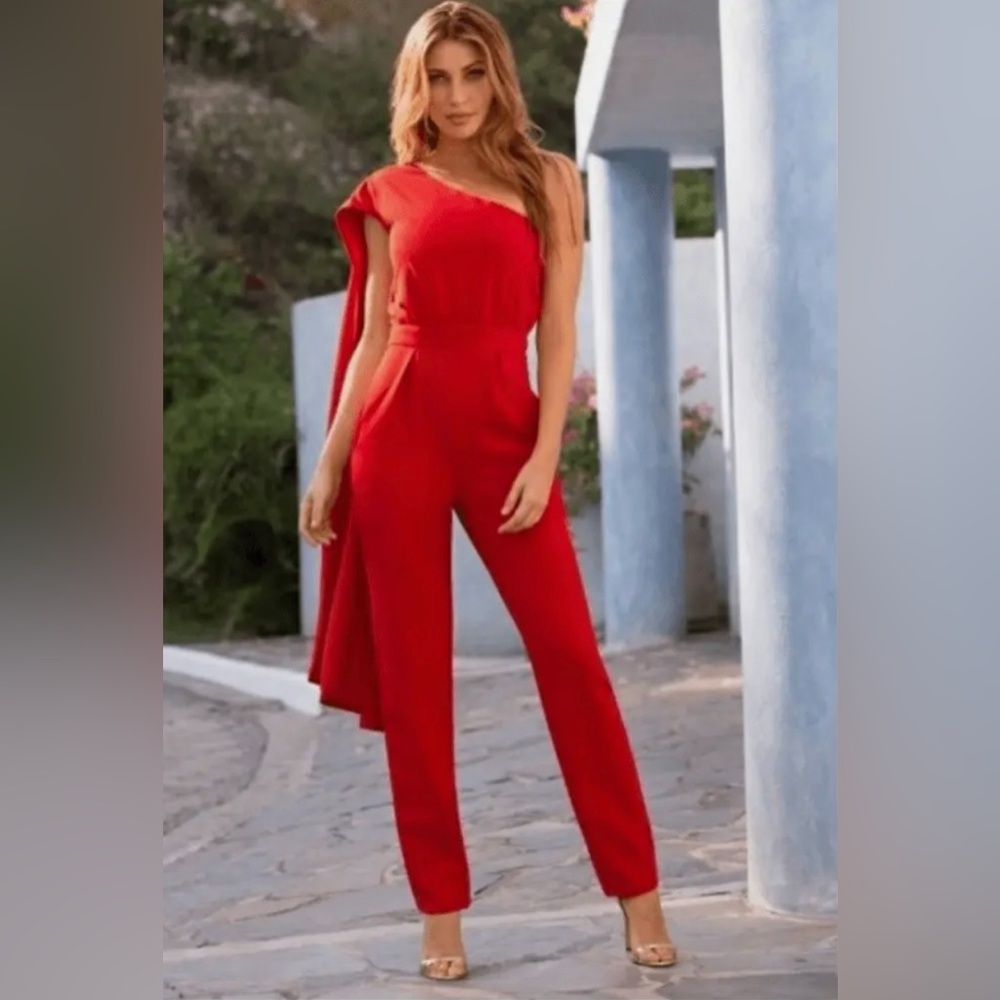 Alexia Admor Cape Jumpsuit One Shoulder Red Size 2